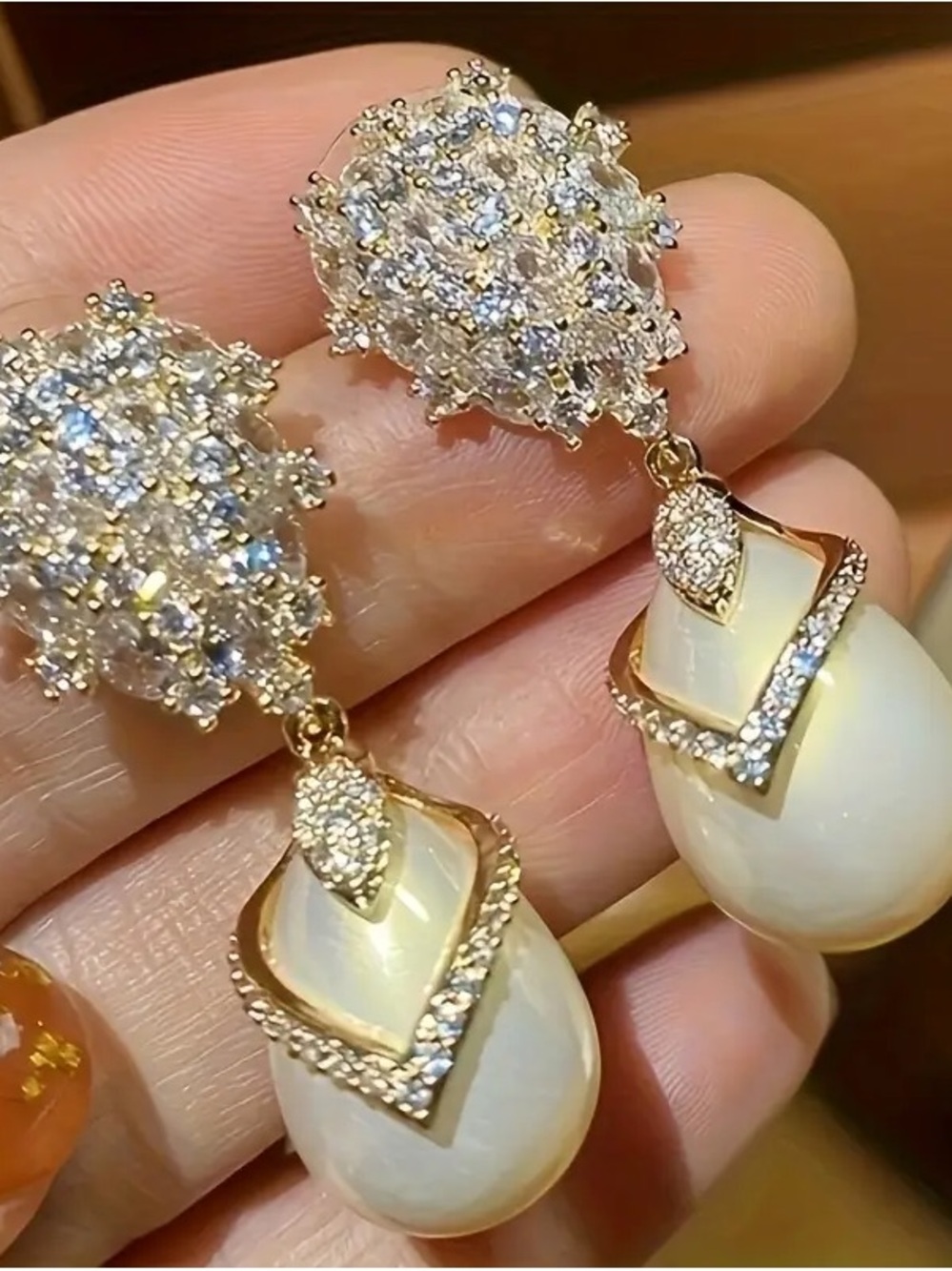 Gold and White Crystal Drop Earrings - Elegant Women’s Jewelry